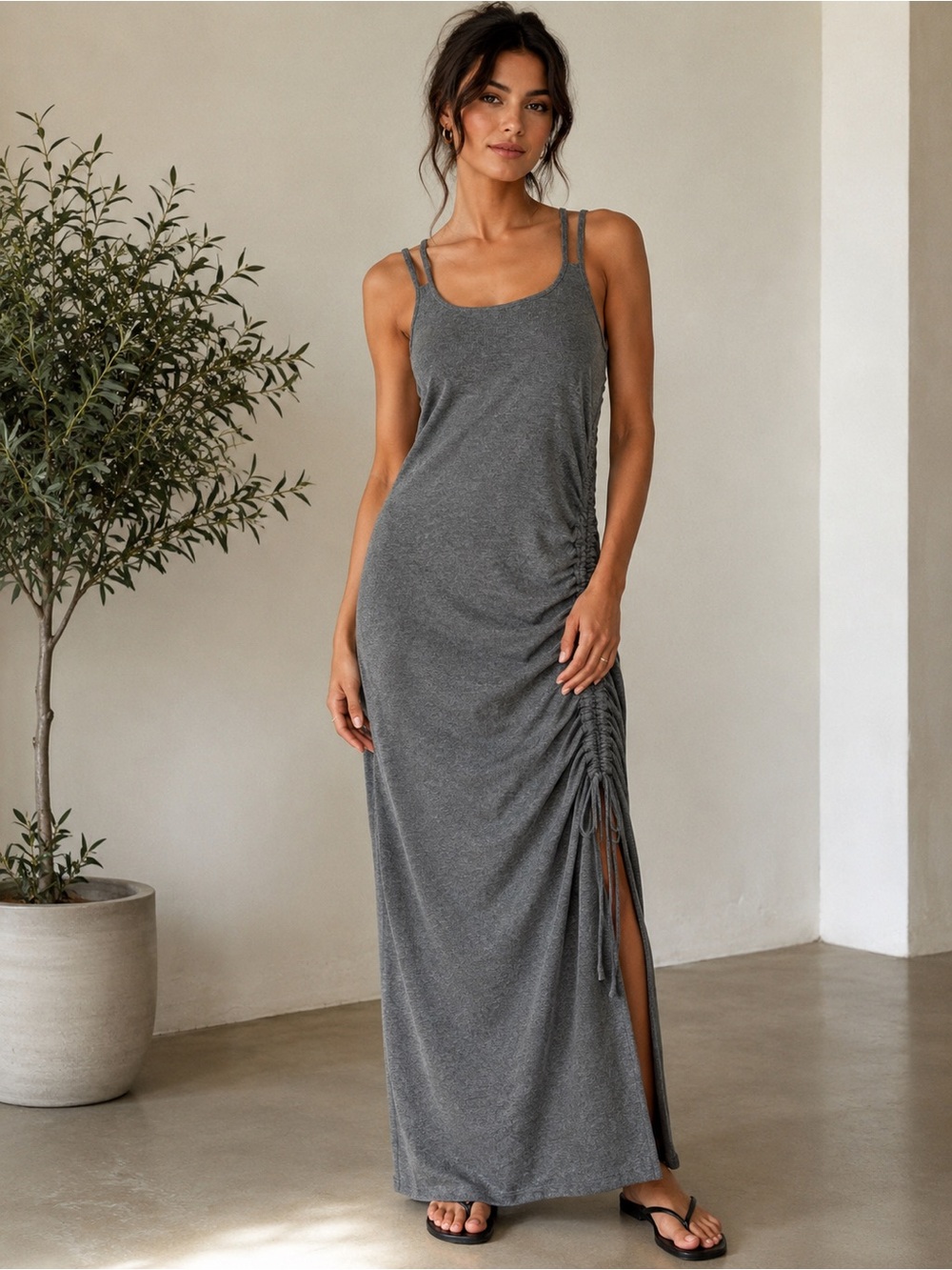 Gilli Ribbed Side Ruched Tank Midi Dress Gray Size L NWOT